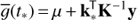 $$\bar g({t_*}) = \mu + k_*^ \top {K^{ - 1}}y$$