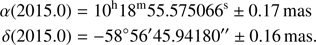 $$ \begin{aligned} \alpha ({\mathrm{2015.0} })&=10^\mathrm{h}18^\mathrm{m}55.575066^\mathrm{s} \pm 0.17\,{\mathrm{mas} }\nonumber \\ \delta ({\mathrm{2015.0} })&={-}58^\circ 56^{\prime }45.94180^{\prime \prime }\pm 0.16\,{\mathrm{mas} }. \end{aligned} $$