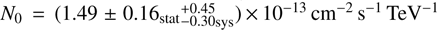 $N_{0}=(1.49\pm0.16_{\mathrm{stat}}\substack{+0.45 \\ -0.30}_{\mathrm{sys}})\,{\times}\,10^{-13} \,{\rm cm}^{-2} \,s ^{-1} \,{\rm TeV}^{-1}$
