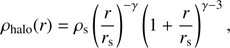 $$ \begin{aligned} \rho _{\mathrm{halo} }(r) = \rho _{\mathrm{s} } \left( \dfrac{r}{r_{\mathrm{s} }} \right)^{-\gamma } \left( 1 + \dfrac{r}{r_{\mathrm{s} }} \right)^{\gamma -3}, \end{aligned} $$