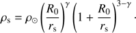 $$ \begin{aligned} \rho _{\mathrm{s} } = \rho _{\odot } \left( \dfrac{R_{0}}{r_{\mathrm{s} }} \right)^{\gamma } \left( 1 + \dfrac{R_{0}}{r_{\mathrm{s} }} \right)^{3-\gamma }\cdot \end{aligned} $$