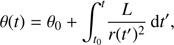 $$ \begin{aligned} \theta (t) = \theta _{0} + \int _{t_{0}}^{t} \! \dfrac{L}{r(t^{\prime })^{2}} \, \mathrm{d} t^{\prime }, \end{aligned} $$