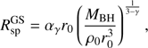 $$ \begin{aligned} R_{\mathrm{sp} }^{\mathrm{GS} } = \alpha _{\gamma } r_0 \left( \frac{M_{\mathrm{BH} }}{\rho _{0}r_0^{3}} \right) ^{\frac{1}{3-\gamma }}, \end{aligned} $$