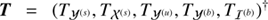 $ \boldsymbol{T} = (T_{\mathcal{Y}^{(s)}}, T_{\mathcal{X}^{(s)}}, T_{\mathcal{Y}^{(u)}}, T_{\mathcal{Y}^{(b)}}, T_{\mathcal{I}^{(b)}})^{\dagger} $