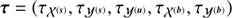 $ \boldsymbol{\tau} = (\tau_{{{\mathcal{X}}}^{(\boldsymbol{s})}}, \tau_{{{\mathcal{Y}}}^{(\boldsymbol{s})}}, \tau_{{{\mathcal{Y}}}^{(\boldsymbol{u})}}, \tau_{{{\mathcal{X}}}^{(\boldsymbol{b})}}, \tau_{{{\mathcal{Y}}}^{(\boldsymbol{b})}}) $
