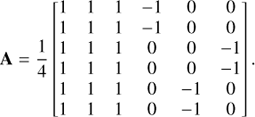 $$ \begin{aligned} \mathbf{A } = \frac{1}{4} \begin{bmatrix} 1&1&1&-1&0&0 \\ 1&1&1&-1&0&0 \\ 1&1&1&0&0&-1 \\ 1&1&1&0&0&-1 \\ 1&1&1&0&-1&0 \\ 1&1&1&0&-1&0 \end{bmatrix}. \end{aligned} $$