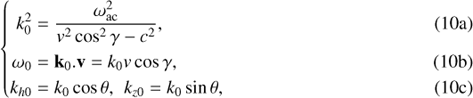 $$\left\{ {\matrix{ {k_0^2 = {{\omega _{{\rm{ac}}}^2} \over {{v^2}{{\cos }^2}\gamma - {c^2}}},} \hfill \cr {{\omega _0} = {k_0}.v = {k_0}v\cos \gamma ,} \hfill \cr {{k_{h0}} = {k_0}\cos \theta ,{\rm{ }}{k_{z0}} = {k_0}\sin \theta ,} \hfill \cr } } \right.$$