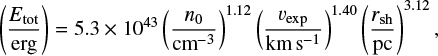 $ \begin{equation} \left( E_{\mathrm{tot}} \over \mathrm{erg} \right ) = 5.3 \times 10^{43} \left( n_0 \over \mathrm{cm^{-3}} \right )^{1.12} \left( v_{\mathrm{exp}} \over \mathrm{km s^{-1}} \right )^{1.40} \left( r_{\mathrm{sh}} \over \mathrm{pc} \right )^{3.12} ,\end{equation} $
