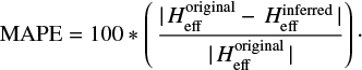 $$ \begin{equation} {\rm MAPE}=100 * \left( \frac{ | H_{\rm eff}^{\rm original} - H_{\rm eff}^{\rm inferred} | }{| H_{\rm eff}^{\rm original} |}\right)\cdot \end{equation} $$