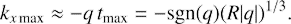 $$ \begin{aligned} k_{x\, \text{max}} \approx -q \, t_{\text{ max}}= - \mathrm{sgn}(q) (R |q|)^{1/3}. \end{aligned} $$