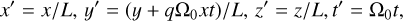 $$ \begin{aligned} x^\prime = x/L,\, y^\prime = (y+q\Omega _0 xt)/L,\, z^\prime = z/L, t^\prime =\Omega _0 t, \end{aligned} $$