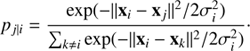 $$ \begin{aligned} p_{j\mid i} = \frac{\exp (-||\mathbf x _i - \mathbf x _j||^2 / 2\sigma _i^2)}{\sum _{k \ne i} \exp (-||\mathbf x _i - \mathbf x _k||^2 / 2\sigma _i^2)}\cdot \end{aligned} $$
