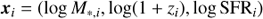 $$ \begin{aligned} {{\boldsymbol{x}}_{\boldsymbol{i}}} = (\log M_{*,i}, \log (1+z_{i}), \log {\mathrm{SFR} }_{i}) \end{aligned} $$