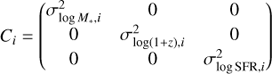 $$ \begin{aligned} C_{i} = \begin{pmatrix} \sigma _{\log M_{*},i}^{2}&0&0 \\ 0&\sigma _{\log (1+z),i}^{2}&0 \\ 0&0&\sigma _{\log {\mathrm{SFR} }, i}^{2} \end{pmatrix} \end{aligned} $$