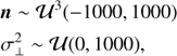 $$ \begin{aligned}&{\boldsymbol{n}} \sim \mathcal{U} ^{3}(-1000,1000) \nonumber \\&\sigma _{\perp }^2 \sim \mathcal{U} (0,1000), \end{aligned} $$