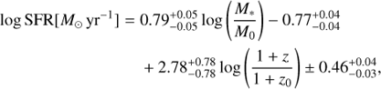 $$ \begin{aligned} \log {\mathrm{SFR} }[{M_{\odot }\,\mathrm{yr}^{-1}}] =\;&{0.79^{+0.05}_{-0.05}}\log \left(\frac{M_*}{M_{0}}\right) {-0.77^{+0.04}_{-0.04}}\nonumber \\&+ {2.78^{+0.78}_{-0.78}}\log \left(\frac{1+z}{1+z_{0}}\right) \pm {0.46^{+0.04}_{-0.03}}, \end{aligned} $$