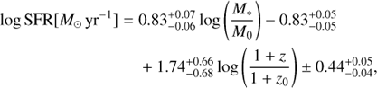 $$ \begin{aligned} \log {\mathrm{SFR} }[{{M_{\odot }}\,{\mathrm{yr}}^{-1}}] =\;&0.83^{+0.07}_{-0.06}\log \left(\frac{M_*}{M_{0}}\right) {-0.83^{+0.05}_{-0.05}}\nonumber \\&+ {1.74^{+0.66}_{-0.68}}\log \left(\frac{1+z}{1+z_{0}}\right) \pm {0.44^{+0.05}_{-0.04}}, \end{aligned} $$