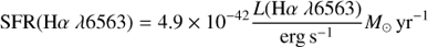 $$ \begin{aligned} {\mathrm{SFR} }({\mathrm{H} }\alpha \ \lambda 6563) = 4.9 \times 10^{-42}\frac{L({\mathrm{H} }\alpha \ \lambda 6563)}{\mathrm{erg\,s}^{-1}}{M_{\odot }\,\mathrm{yr}^{-1}}, \end{aligned} $$