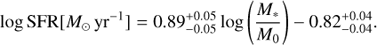 $$ \begin{aligned} \log {\mathrm{SFR} }[{M_{\odot }\,\mathrm{yr}^{-1}}]= {0.89^{+0.05}_{-0.05}}\log \left(\frac{M_*}{M_{0}}\right) {-0.82^{+0.04}_{-0.04}}. \end{aligned} $$