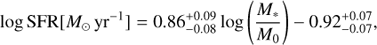 $$ \begin{aligned} \log {\mathrm{SFR} }[{M_{\odot }\,\mathrm{yr}^{-1}}] = {0.86^{+0.09}_{-0.08}}\log \left(\frac{M_*}{M_{0}}\right) {-0.92^{+0.07}_{-0.07}}, \end{aligned} $$