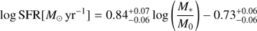 $$ \begin{aligned} \log {\mathrm{SFR} }[{M_{\odot }\,\mathrm{yr}^{-1}}] = {0.84^{+0.07}_{-0.06}}\log \left(\frac{M_*}{M_{0}}\right) {-0.73^{+0.06}_{-0.06}}\end{aligned} $$