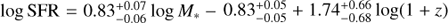 $ \log{\mathrm{SFR}} = 0.83^{+0.07}_{-0.06}\log{M_{*}} {-0.83^{+0.05}_{-0.05}} + {1.74^{+0.66}_{-0.68}} \log(1+z) $