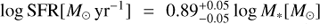$ \log{\mathrm{SFR}}[{M_{\odot}\,\mathrm{yr}^{-1}}] = {0.89^{+0.05}_{-0.05}} \log{M_{*}}[M_{\odot}] $