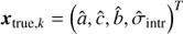 $ {\boldsymbol{x}}_{{\mathrm{true}}, {\mathrm{k}}} = \left(\hat{a}, \hat{c}, \hat {b}, {\hat{\sigma}}_{\mathrm{intr}}\right)^{T} $