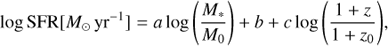 $$ \begin{aligned} \log {{\mathrm{SFR} }[{M_{\odot }\,\mathrm{yr}^{-1}}]} = a \log {\left(\frac{M_{*}}{M_{0}}\right)} +b + c\log {\left(\frac{1+z}{1+z_{0}}\right)}, \end{aligned} $$