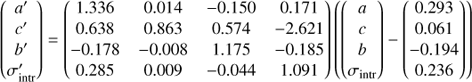 $$ \begin{aligned}\begin{pmatrix} a^{\prime } \\ c^{\prime } \\ b^{\prime } \\ \sigma ^{\prime }_{\mathrm{intr} } \end{pmatrix}&= \begin{pmatrix} 1.336&0.014&-0.150&0.171 \\ 0.638&0.863&0.574&-2.621 \\ -0.178&-0.008&1.175&-0.185 \\ 0.285&0.009&-0.044&1.091\end{pmatrix} \left(\begin{pmatrix} a \\ c \\ b \\ \sigma _{\mathrm{intr} } \end{pmatrix} - \begin{pmatrix} 0.293 \\ 0.061 \\ -0.194 \\ 0.236\end{pmatrix}\right) \end{aligned} $$