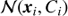 $ {\cal N}({\boldsymbol{x}}_{\boldsymbol{i}}, C_{i}) $
