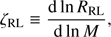 $${\zeta _{{\rm{RL}}}} \equiv {{{\rm{d}}{\mkern 1mu} {\rm{ln}}{\mkern 1mu} {R_{{\rm{RL}}}}} \over {{\rm{d}}{\mkern 1mu} {\rm{ln}}{\mkern 1mu} M}},$$