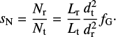 $ \begin{equation} s_{\rm N}=\frac{N_{\rm r}}{N_{\rm t}}=\frac{L_{\rm r}}{L_{\rm t}}\frac{d^2_{\rm t}}{d^2_{\rm r}}f_{\rm G}\cdot \end{equation} $