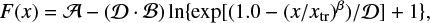 $ \begin{equation} F(x)= {\mathcal A} - ({\mathcal D}\cdot {\mathcal B})\ln\{\exp[(1.0 - (x/x_{\rm tr})^{\beta})/{\mathcal D}] + 1\}, \label{scalingSPSSPCfunction} \end{equation} $