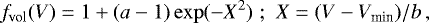 \begin{equation*} f_{\textrm{vol}}(V) = 1 &#x002B; (a-1) \exp(-X^2) \, \, ; \,\, X = (V-V_{\textrm{min}}) / b \,,\end{equation*}