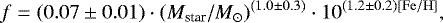 \begin{equation*} f = (0.07 \pm 0.01) \cdot (M_{\textrm{star}} / M_{\odot})^{(1.0 \pm 0.3)} \cdot 10^{(1.2 \pm 0.2) \rm[{Fe/H}]},\end{equation*}