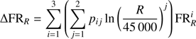 $$ \begin{aligned} \Delta {\mathrm{FR} }_R = \sum _{i=1}^3 \left(\sum _{j=1}^2 p_{ij} \ln {\left(\frac{R}{45\,000}\right)^j} \right) {\mathrm{FR} }_R ^{i} \end{aligned} $$