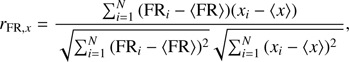 $$ \begin{aligned} r_{{\mathrm{FR} },x} = \frac{\sum _{i=1}^{N}{({\mathrm{FR} }_i - \langle {\mathrm{FR} }\rangle )(x_i - \langle x\rangle )}}{\sqrt{\sum _{i=1}^{N}{({\mathrm{FR} }_i - \langle {\mathrm{FR} }\rangle )^2}}\sqrt{\sum _{i=1}^{N}{(x_i - \langle x\rangle )^2}}}, \end{aligned} $$