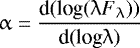 \begin{equation*} \upalpha=\frac{\textrm{d(log}(\uplambda F_{\uplambda}))}{\textrm{d(log} \uplambda)} \end{equation*}