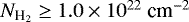 $N_{\textrm{H}_2} \geq 1.0\times10^{22}~\textrm{cm}^{-2}$