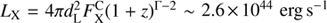 $${L_{\rm{X}}} = 4\pi d_{\rm{L}}^2F_{\rm{X}}^{\rm{C}}{\left( {1 + z} \right)^{\Gamma - 2}} \sim 2.6 \times {10^{44}}{\rm{erg}}\,{{\rm{s}}^{ - 1}} $$