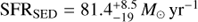 $${\rm{SF}}{{\rm{R}}_{{\rm{SED}}}}{\rm{ = 81}}.{\rm{4}}_{{\rm{ - 19}}}^{{\rm{ + 8}}.{\rm{5}}}{M_ \odot }{\rm{y}}{{\rm{r}}^{{\rm{ - 1}}}}$$