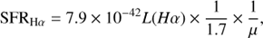 $${\rm{SF}}{{\rm{R}}_{{\rm{H}}\alpha }} = 7.9 \times {10^{ - 42}}L(H\alpha ) \times {1 \over {1.7}} \times {1 \over \mu },$$