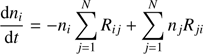 $$ \begin{aligned} \frac{\mathrm{d}n_{i}}{\mathrm{d}t}=-n_{i}\sum _{j=1}^{N}R_{ij}+\sum _{j=1}^{N}n_{j}R_{ji} \end{aligned} $$
