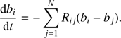 $$ \begin{aligned} \frac{\mathrm{d}b_{i}}{\mathrm{d}t}=-\sum _{j=1}^{N}R_{ij}(b_{i}-b_{j}). \end{aligned} $$