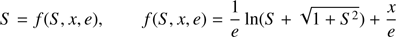 $$ \begin{aligned} S = f(S,x,e), \qquad f(S,x,e)= \frac{1}{e}\ln (S+\sqrt{1+S^2}) + \frac{x}{e} \end{aligned} $$