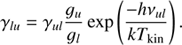 $$ \begin{aligned} \gamma _{lu} = \gamma _{ul}\frac{{g}_u}{{g}_l}\exp \left(\frac{-h\nu _{ul}}{kT_{\rm kin}} \right). \end{aligned} $$