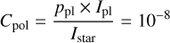 $$ \begin{aligned} C_{\rm pol}={{p_{\rm pl}\times I_{\rm pl}}\over I_{\rm star}}=10^{-8} \end{aligned} $$