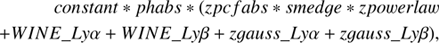 $$ \begin{aligned} constant*phabs*(zpcfabs*smedge*zpowerlaw\nonumber \\ + WINE\_L{y}\alpha + WINE\_L{y}\beta +zgauss\_L{y}\alpha +zgauss\_L{y}\beta ), \end{aligned} $$