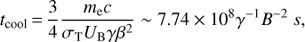 $$ \begin{aligned} t_\mathrm{cool}\,{=}\,\frac{3}{4}\frac{m_\mathrm{e}c}{\sigma _\mathrm{T}U_\mathrm{B}\gamma \beta ^{2}} \sim 7.74\times 10^{8}\gamma ^{-1} B^{-2} \ s , \end{aligned} $$